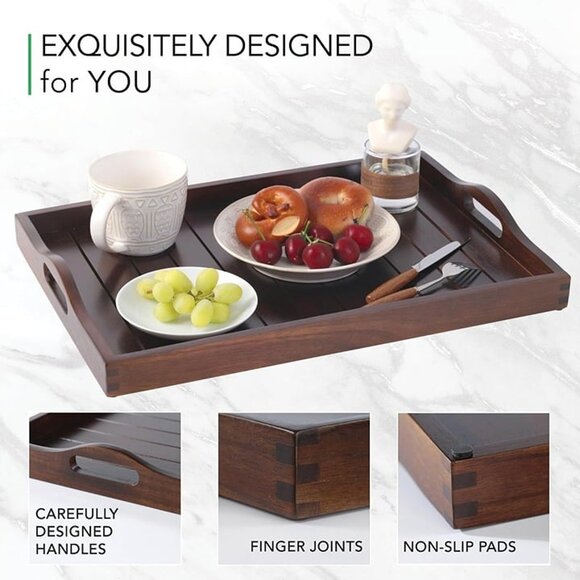 New Large Wooden Serving Tray with Handles 20x14" Decorative Coffee Ottoman Tray - Picture 5 of 7